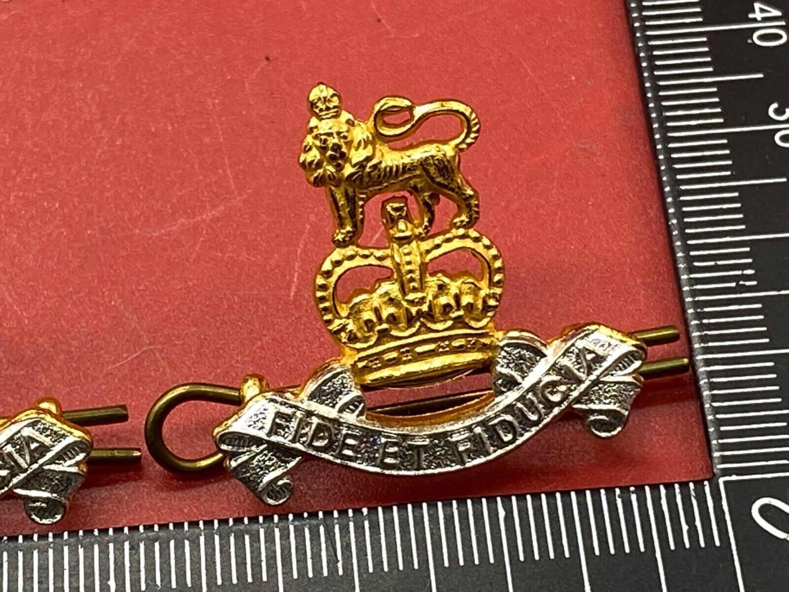 Pair of Queen's Crown Gilt and White Metal British Army Pay Corps Collar Ba - The Militaria Shop