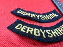 Load image into Gallery viewer, Original WW2 British Home Front Civil Defence Derbyshire Shoulder Title Pair - The Militaria Shop
