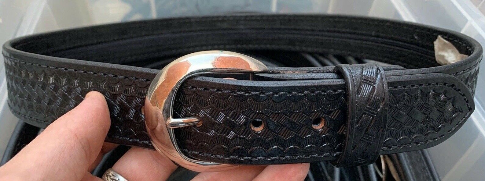 Aker Black Leather Woven Pattern Pistol Belt- 32" Waist- Hidden Coin Compar - The Militaria Shop