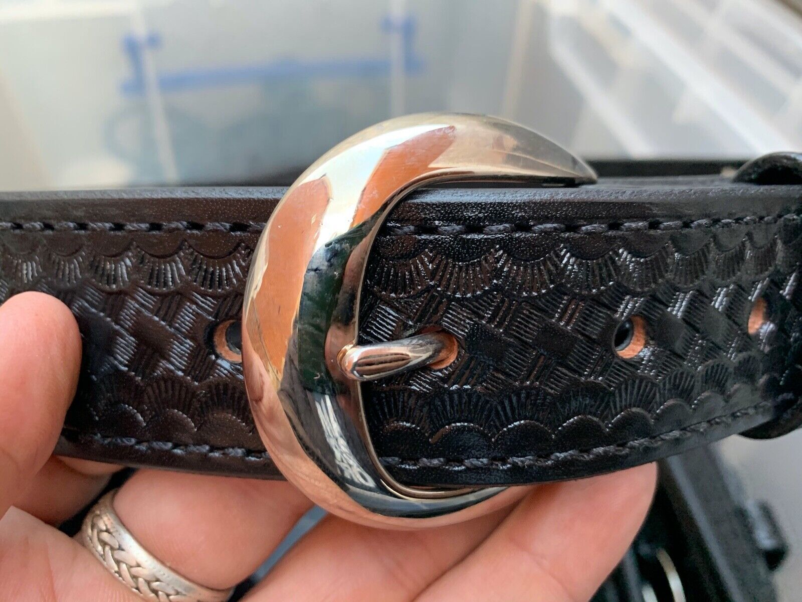 Aker Black Leather Woven Pattern Pistol Belt- 32" Waist- Hidden Coin Compar - The Militaria Shop