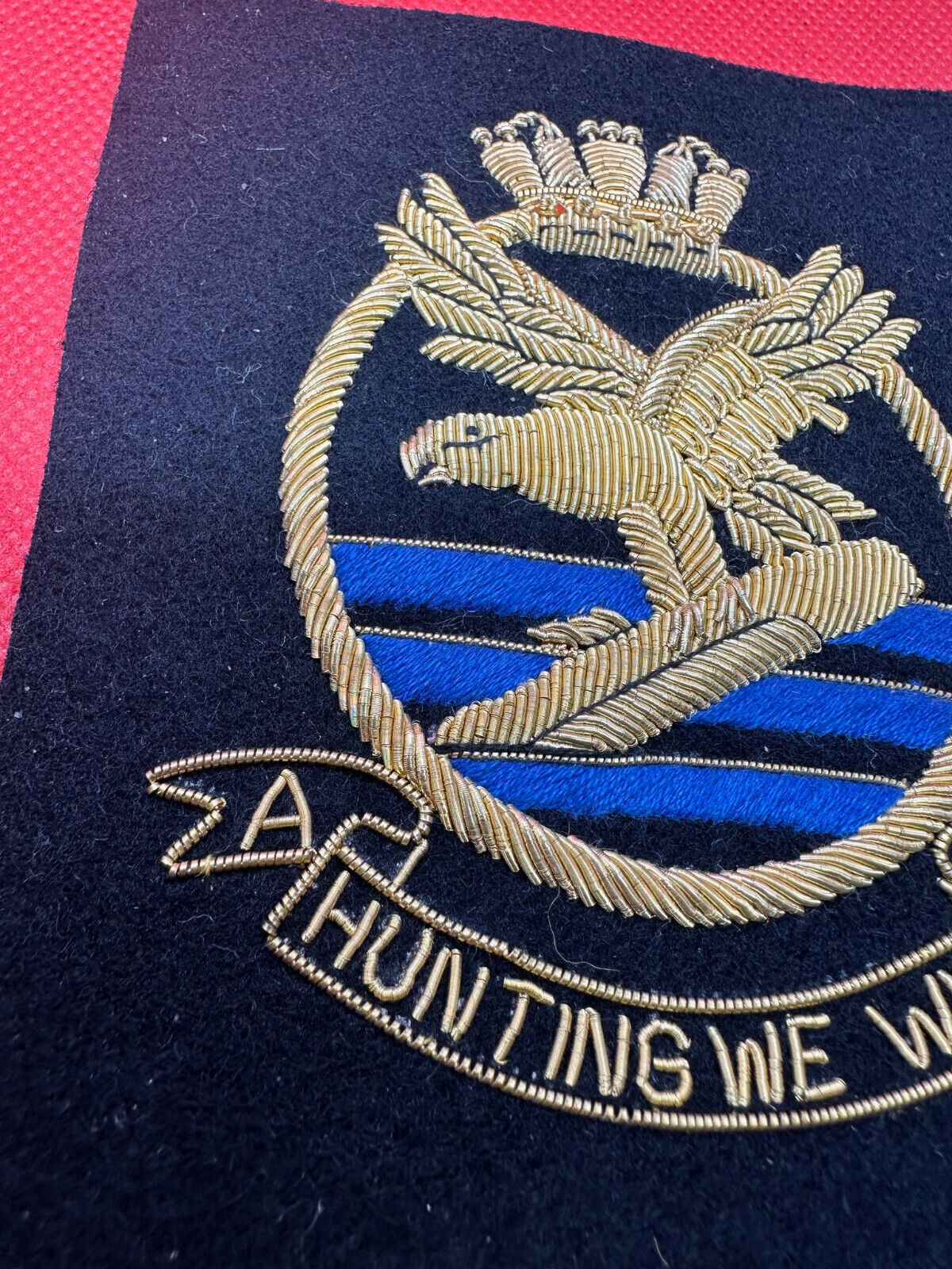 British Royal Navy Bullion Embroidered Blazer Badge - Submarine Hunting We Will - The Militaria Shop