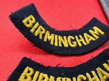 Load image into Gallery viewer, Original WW2 British Home Front Civil Defence Birmingham Shoulder Title Pair - The Militaria Shop