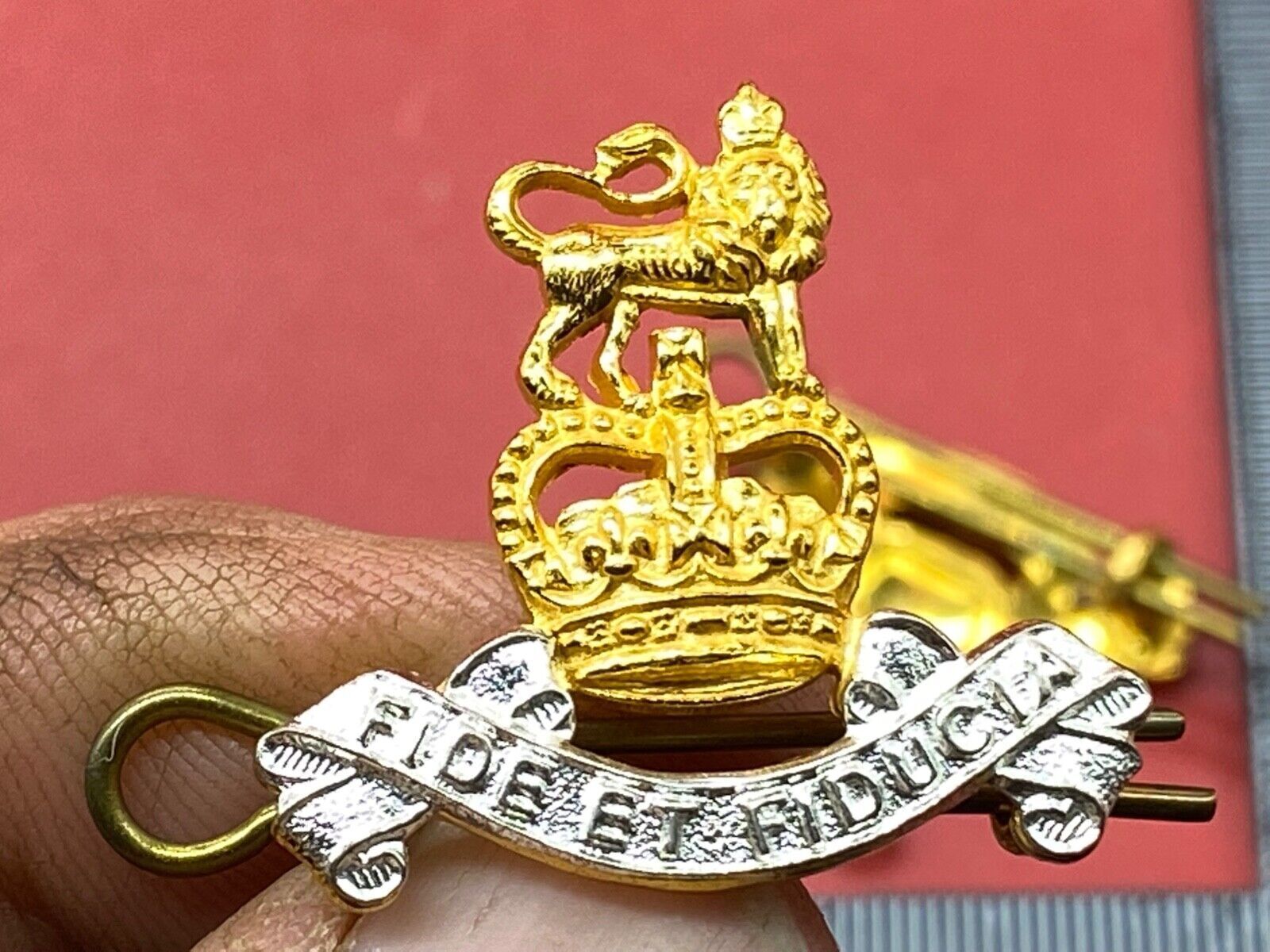 Pair of Queen's Crown Gilt and White Metal British Army Pay Corps Collar Ba - The Militaria Shop