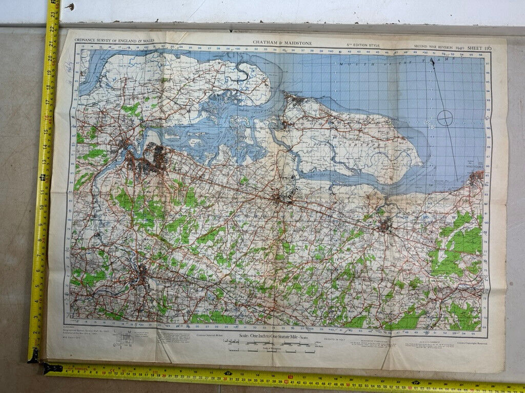 Original WW2 British Army OS Map of England - War Office - Chatham & Maidsto - The Militaria Shop