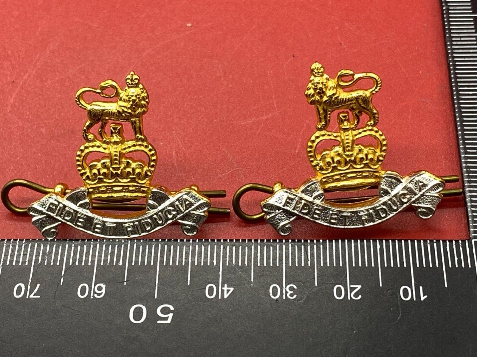 Pair of Queen's Crown Gilt and White Metal British Army Pay Corps Collar Ba - The Militaria Shop