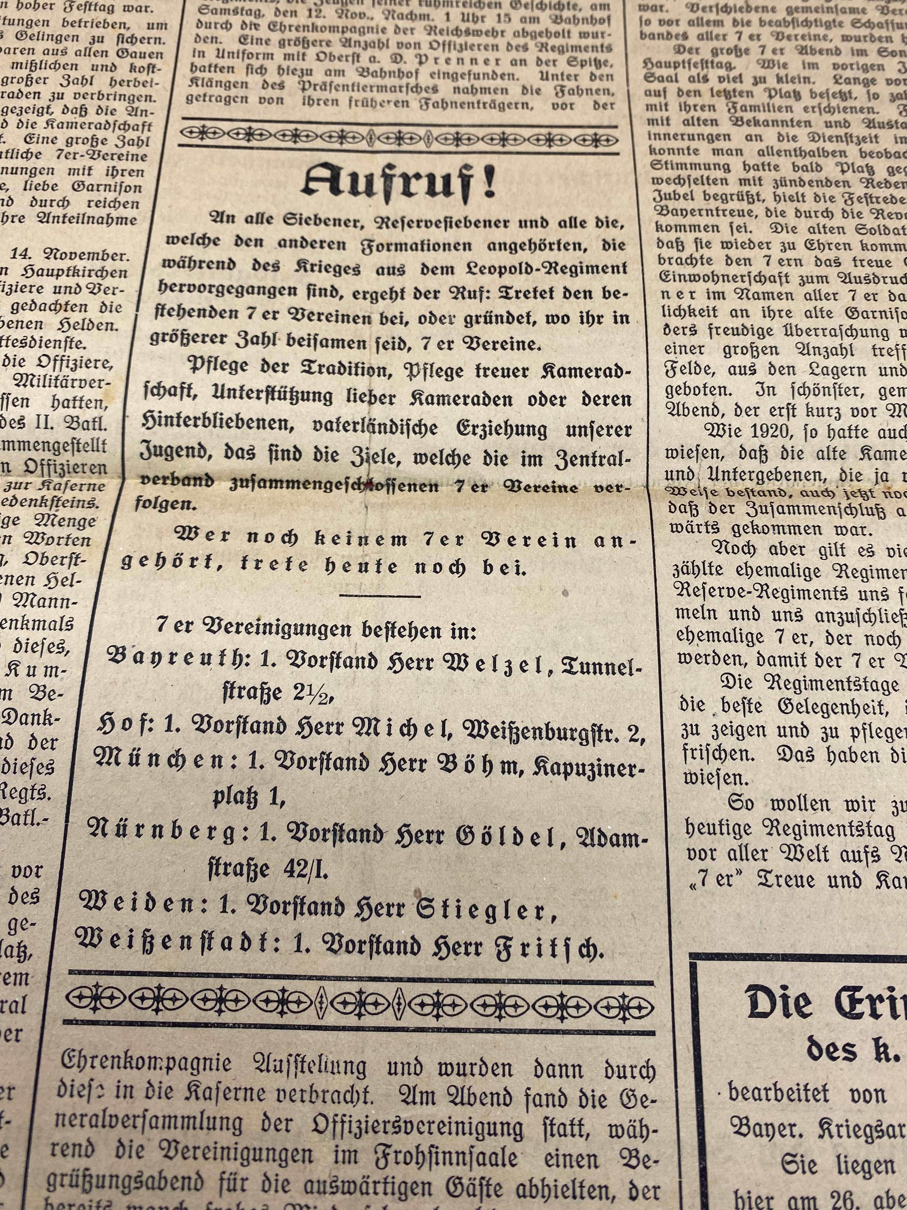 1922 Dated German Army Regimental Festival in Bayreuth - Leaflet / Poster. - The Militaria Shop