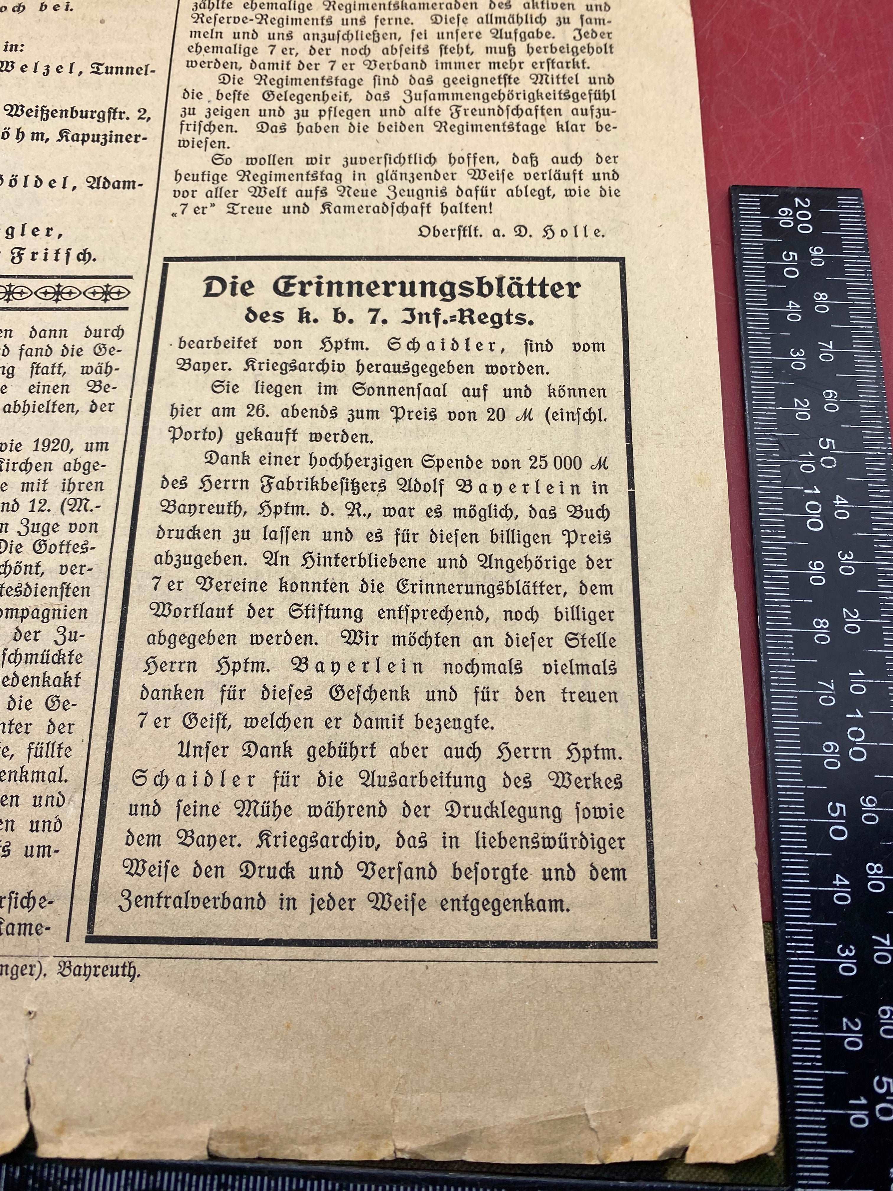 1922 Dated German Army Regimental Festival in Bayreuth - Leaflet / Poster. - The Militaria Shop