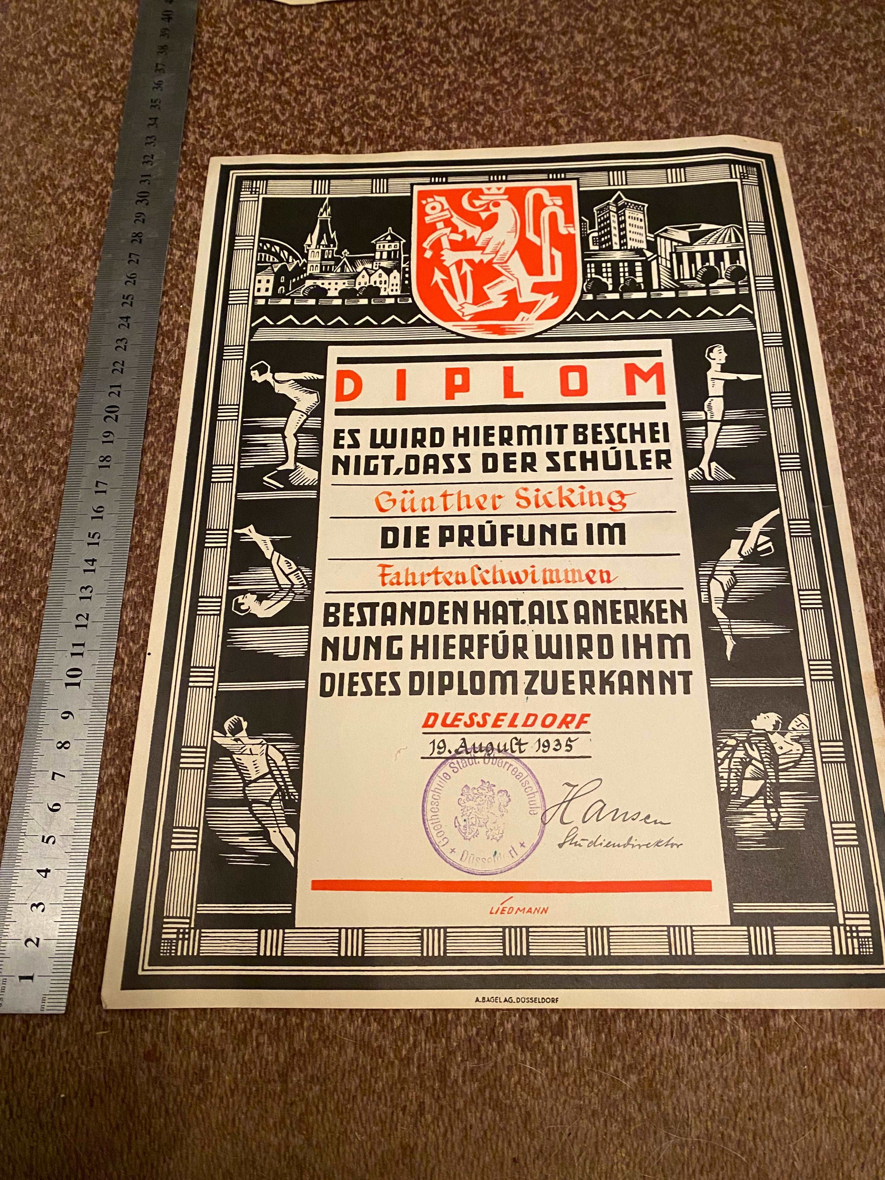 1935 Dated German Swimming Diploma - Great Display Item. - The Militaria Shop