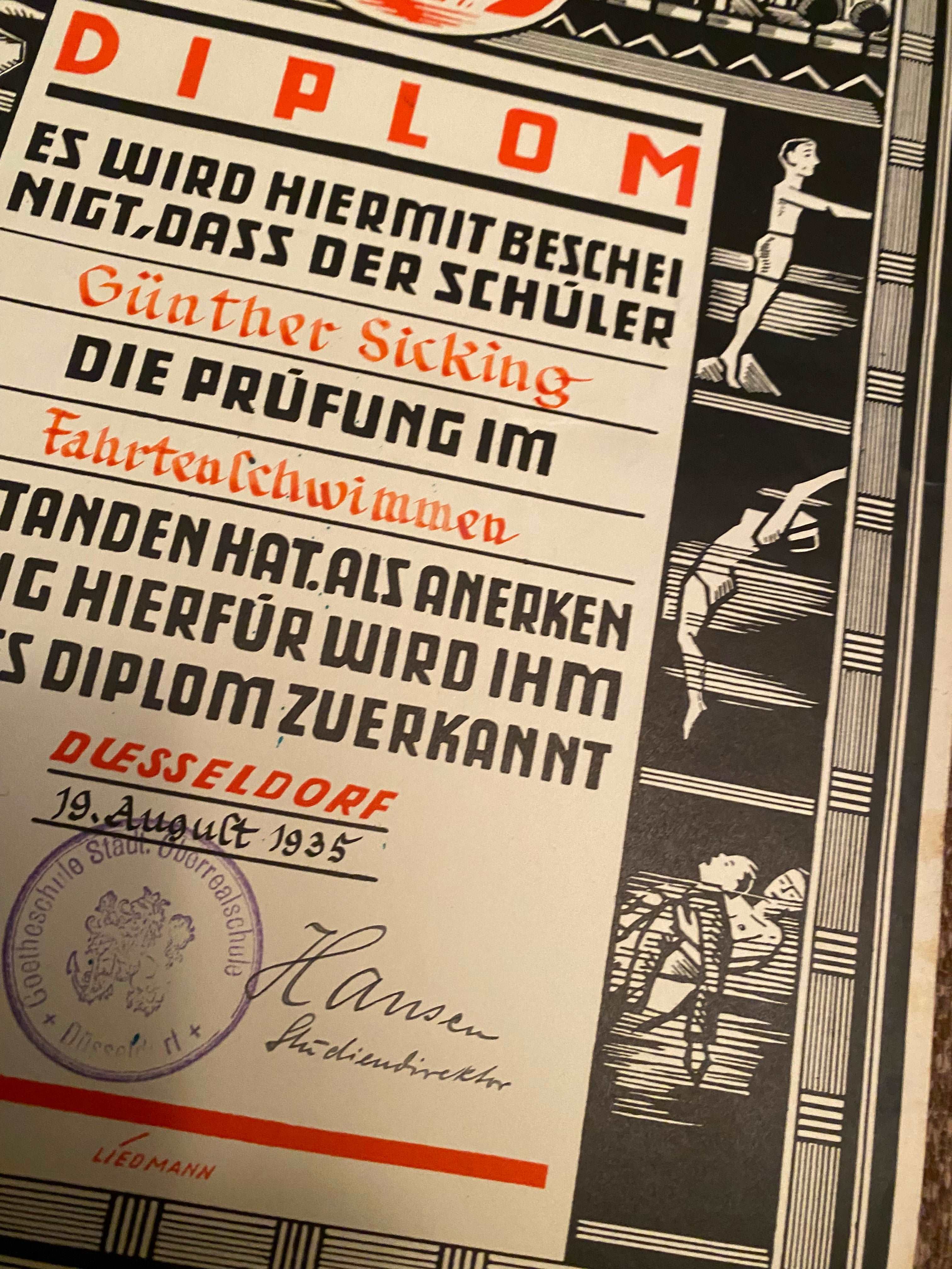 1935 Dated German Swimming Diploma - Great Display Item. - The Militaria Shop