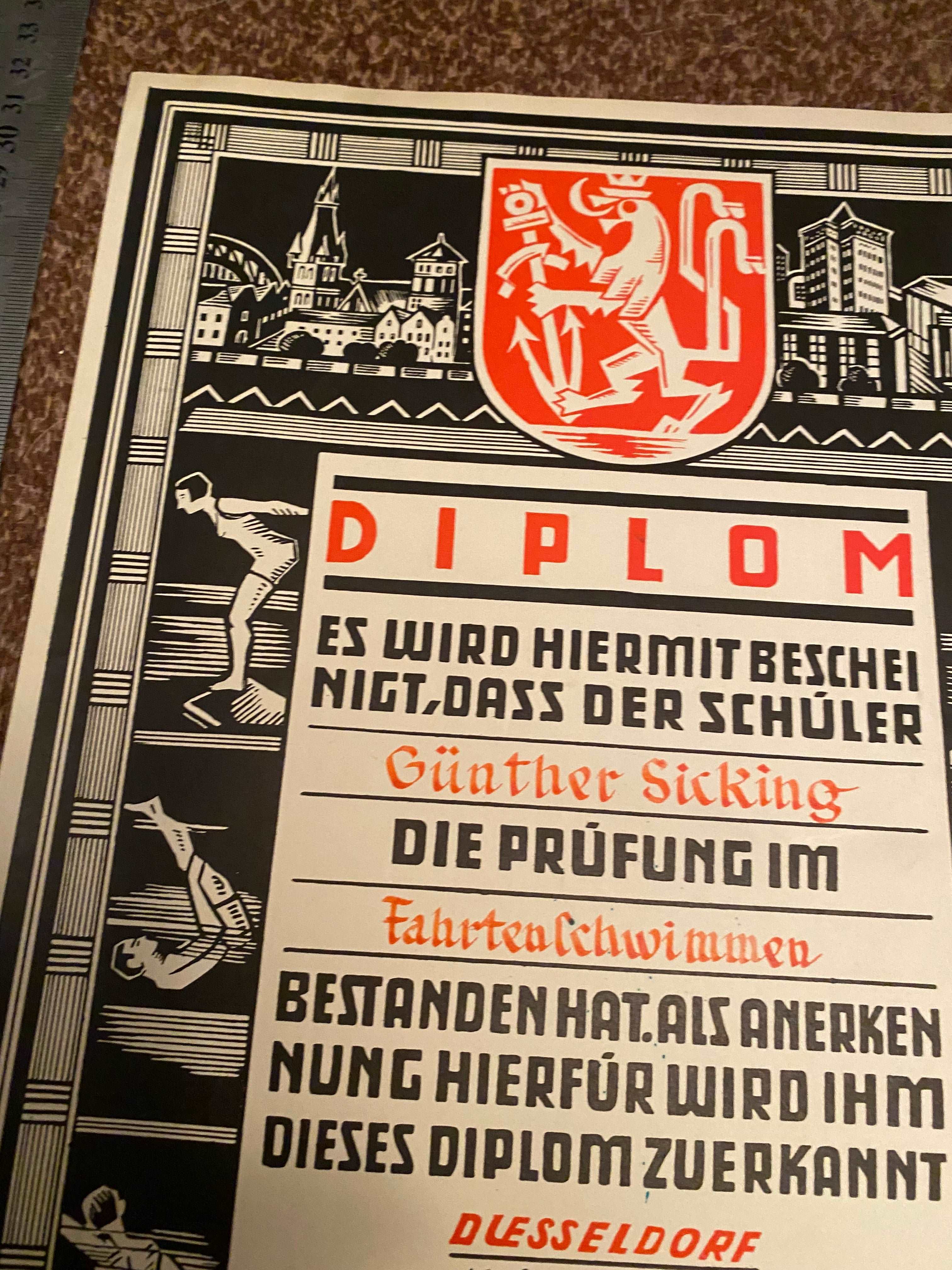 1935 Dated German Swimming Diploma - Great Display Item. - The Militaria Shop