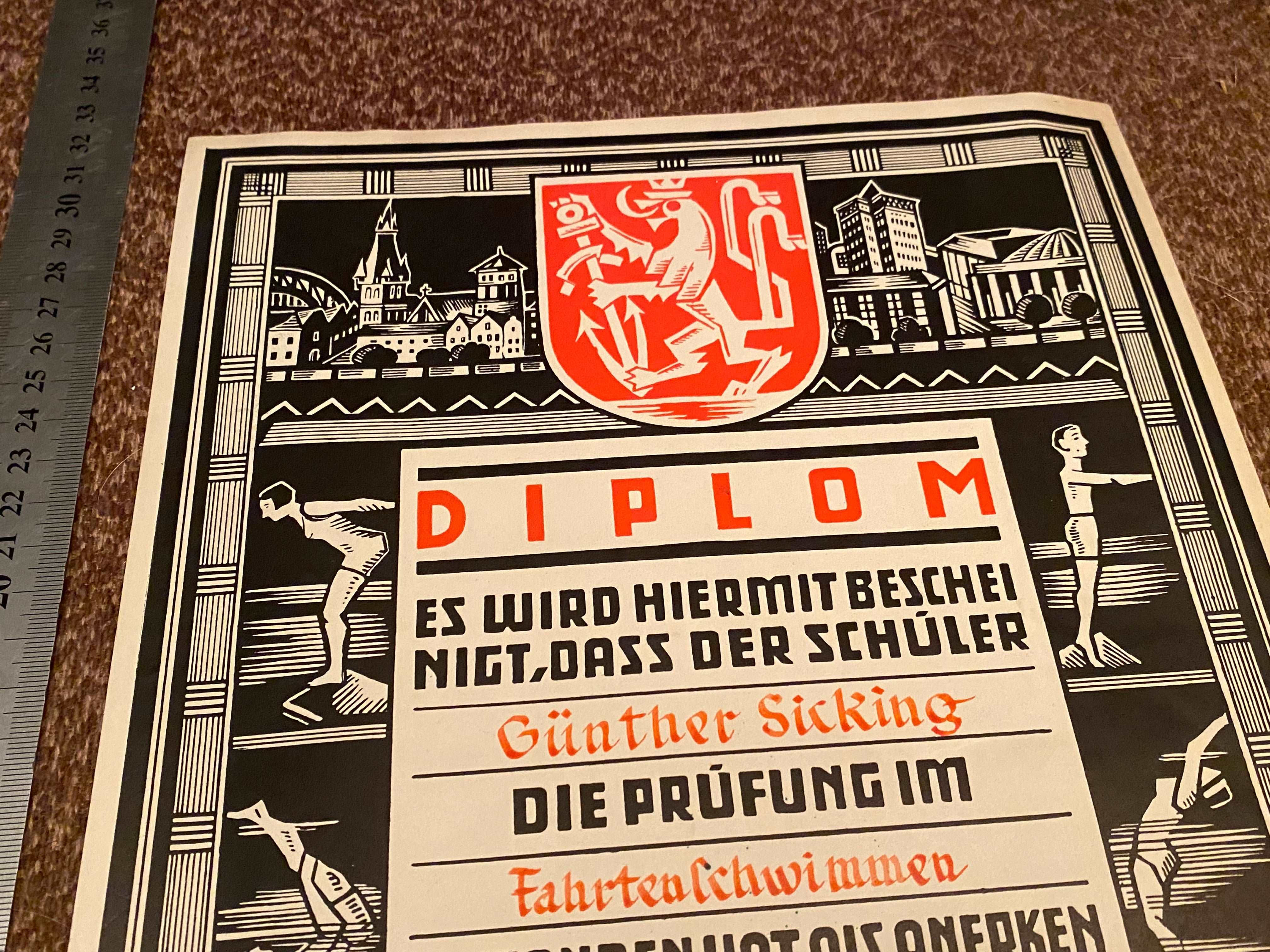 1935 Dated German Swimming Diploma - Great Display Item. - The Militaria Shop