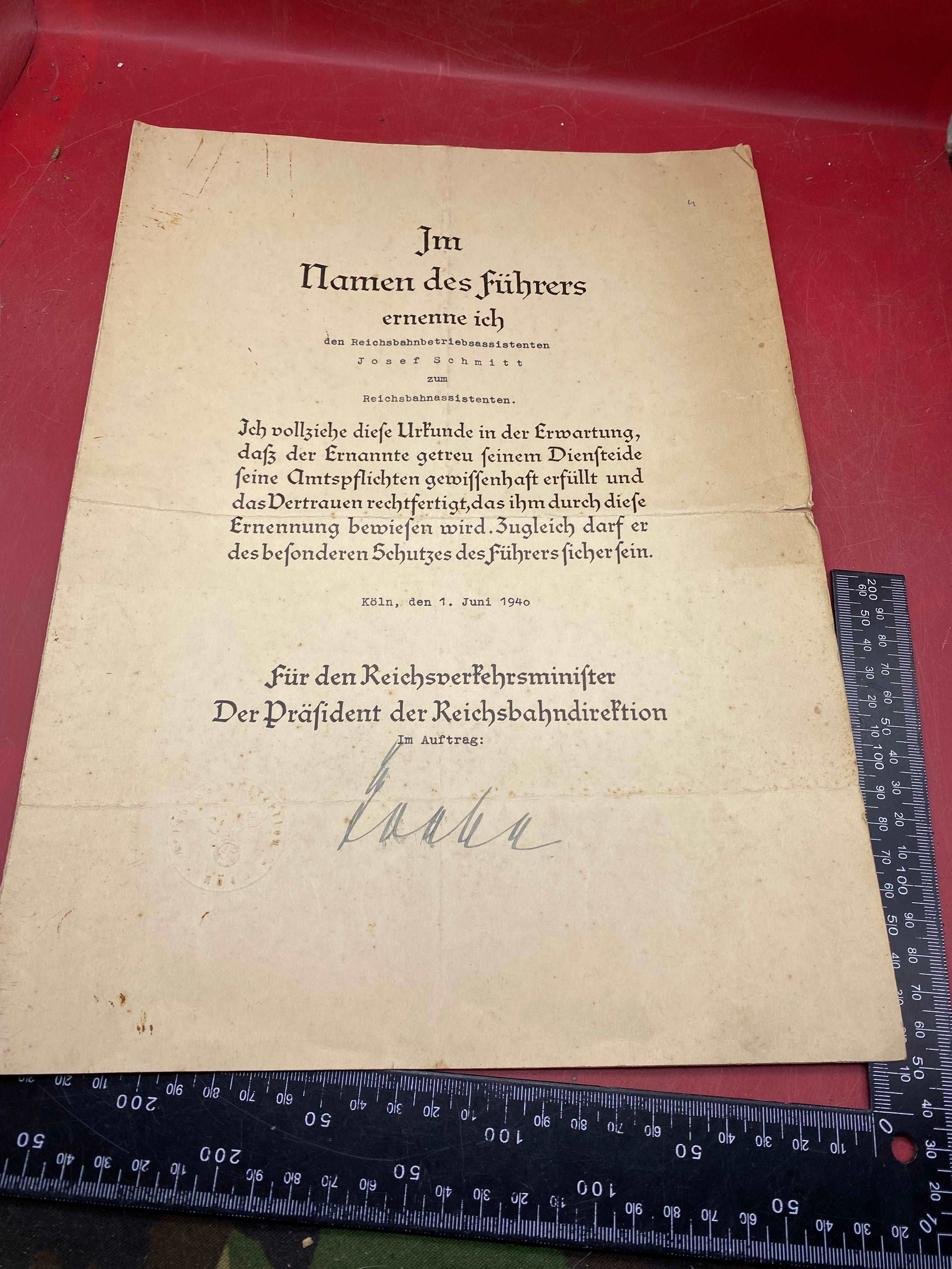 2nd Original WW2 German Railway Award Certificate issued to a Railway Assistant. - The Militaria Shop
