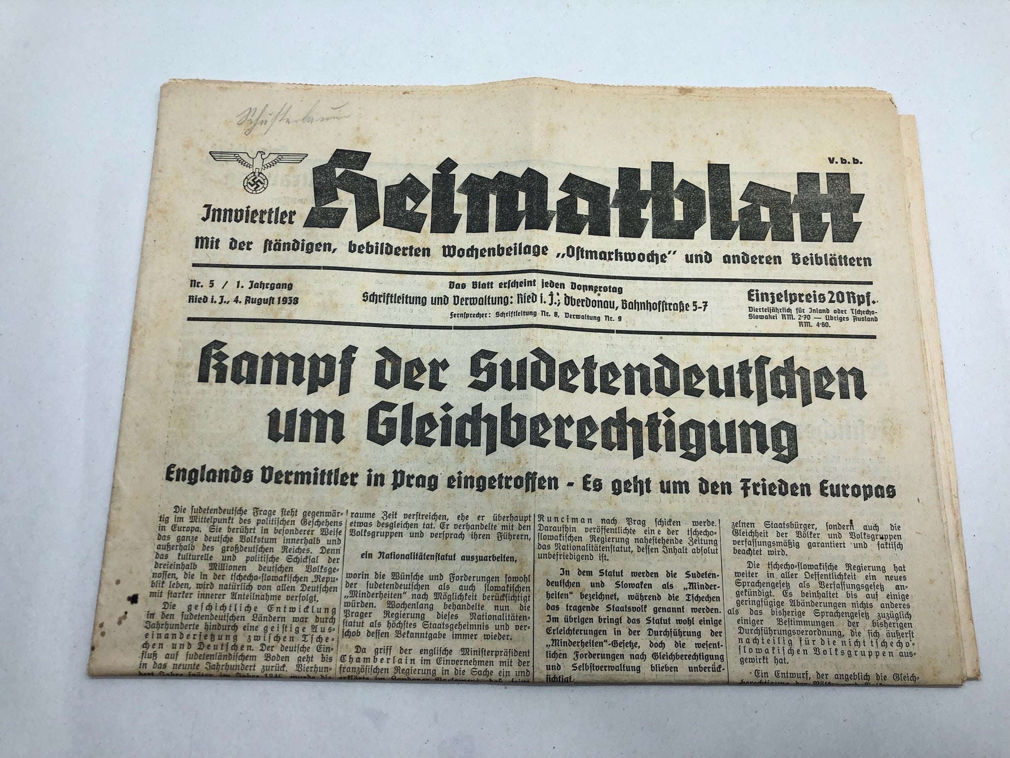 Original WW2 German NSDAP Heimatblatt Political Newspaper - 4th August 1938 - The Militaria Shop