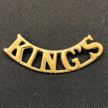 Load image into Gallery viewer, Original WW1 British Army Brass Shoulder Title - King's Liverpool Regiment - The Militaria Shop