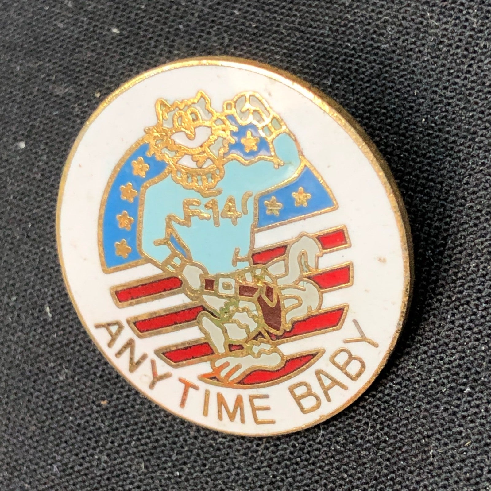 Vintage Enamel Pin - US Airforce F-14 Tomcat Anytime Baby patch - The Militaria Shop