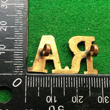 Load image into Gallery viewer, Original WW2 British Army Brass Shoulder Title - Royal Artillery - RA - The Militaria Shop