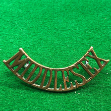 Load image into Gallery viewer, Original WW1 British Army Brass Shoulder Title - Middlesex - The Militaria Shop