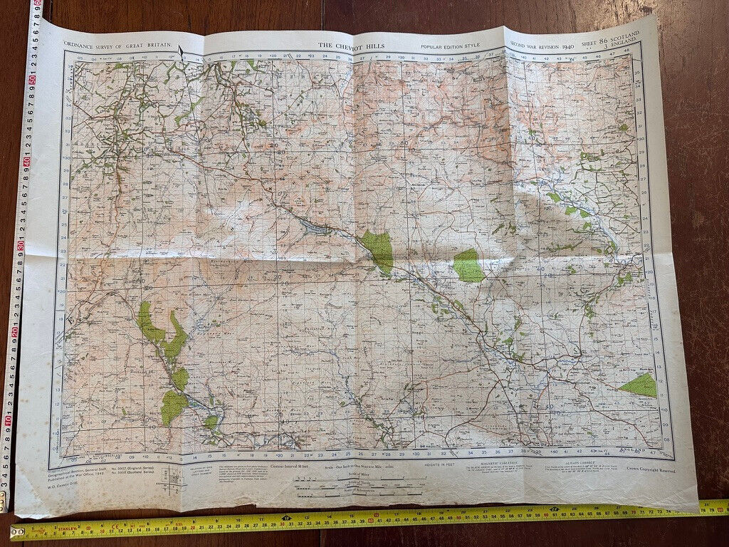 Original WW2 British Army GSGS OS Map of England & Wales - The Cheviot Hills - The Militaria Shop