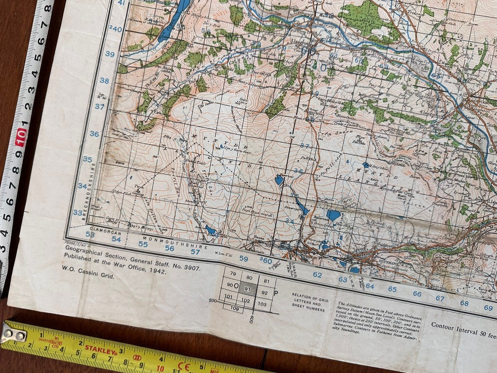 Original WW2 British Army OS Map of Great Britain - Abergavenny - The Militaria Shop