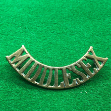 Load image into Gallery viewer, Original WW1 British Army Brass Shoulder Title - Middlesex - The Militaria Shop