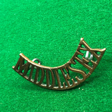 Load image into Gallery viewer, Original WW1 British Army Brass Shoulder Title - Middlesex - The Militaria Shop