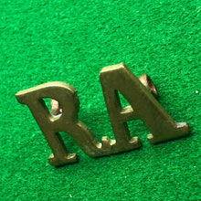 Load image into Gallery viewer, Original WW2 British Army Brass Shoulder Title - Royal Artillery - RA - The Militaria Shop