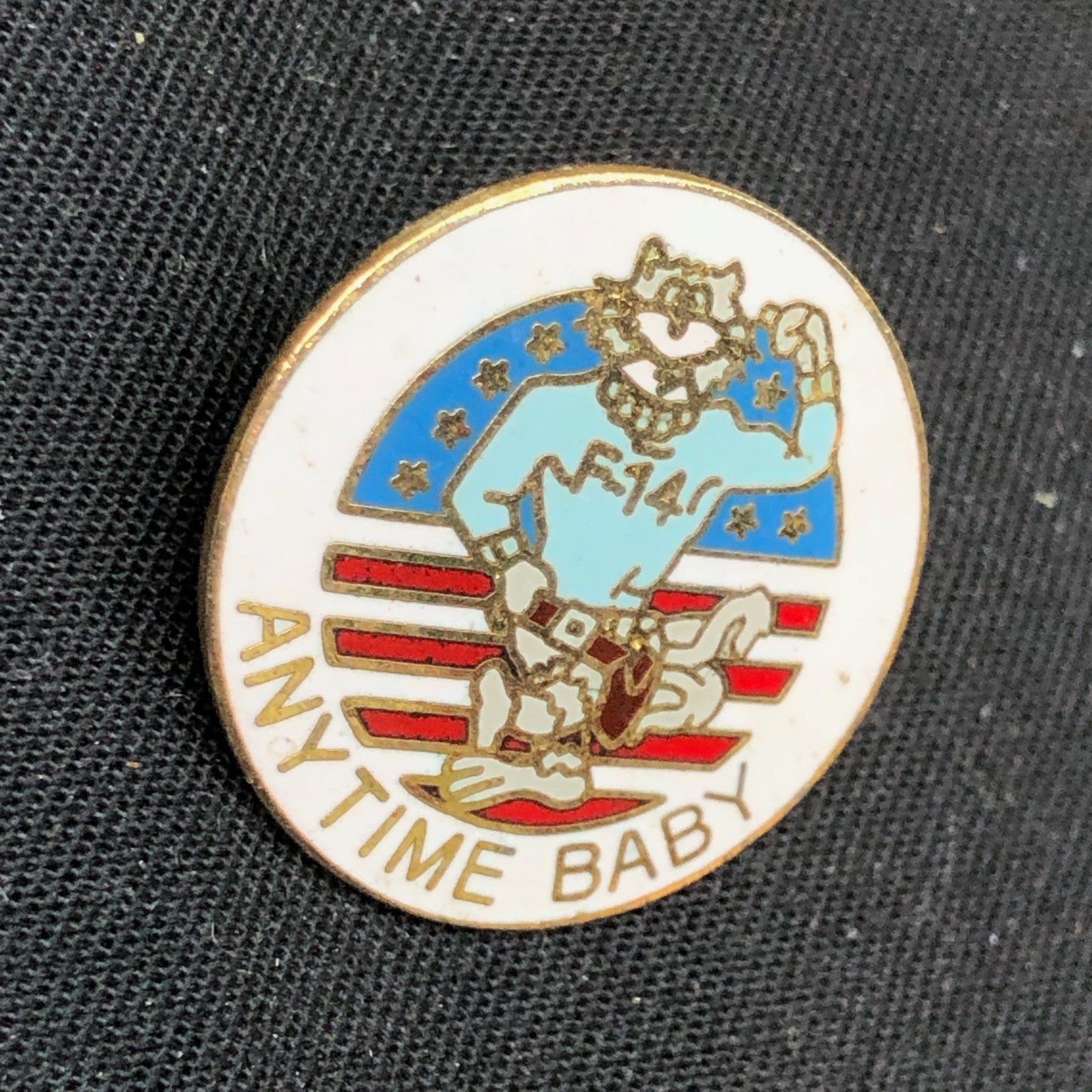 Vintage Enamel Pin - US Airforce F-14 Tomcat Anytime Baby patch - The Militaria Shop