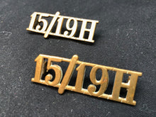 Charger l'image dans la galerie, Original WW2 British Army Brass Shoulder Title Pair - 15th 19th Hussars - The Militaria Shop