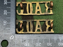 Load image into Gallery viewer, Original WW2 British Army Brass Shoulder Titles - RAOC Royal Army Ordnance Corps - The Militaria Shop