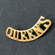 Load image into Gallery viewer, Original WW1 British Army Brass Shoulder Title - Queen's Regiment - The Militaria Shop