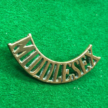 Load image into Gallery viewer, Original WW1 British Army Brass Shoulder Title - Middlesex - The Militaria Shop