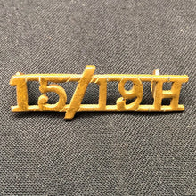 Lade das Bild in den Galerie-Viewer, Original WW2 British Army Brass Shoulder Title - 15th 19th Hussars - The Militaria Shop