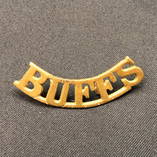 Load image into Gallery viewer, Original WW1 British Army Brass Shoulder Title - The Buffs East Kent Regiment - The Militaria Shop