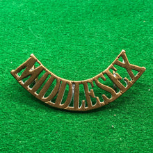 Load image into Gallery viewer, Original WW1 British Army Brass Shoulder Title - Middlesex - The Militaria Shop