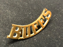 Load image into Gallery viewer, Original WW2 British Army Brass Shoulder Title - The Buffs - The Militaria Shop