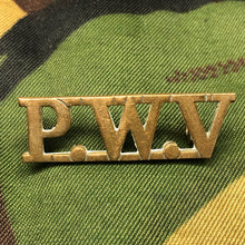 Load image into Gallery viewer, Genuine British Army WW1 Brass Shoulder Title - Prince Of Wales’ Volunteers PWV - The Militaria Shop