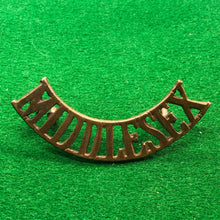Load image into Gallery viewer, Original WW1 British Army Brass Shoulder Title - Middlesex - The Militaria Shop