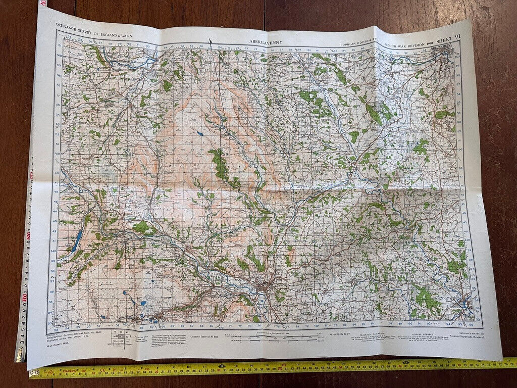 Original WW2 British Army GSGS OS Map of England & Wales - Abergavenny - The Militaria Shop