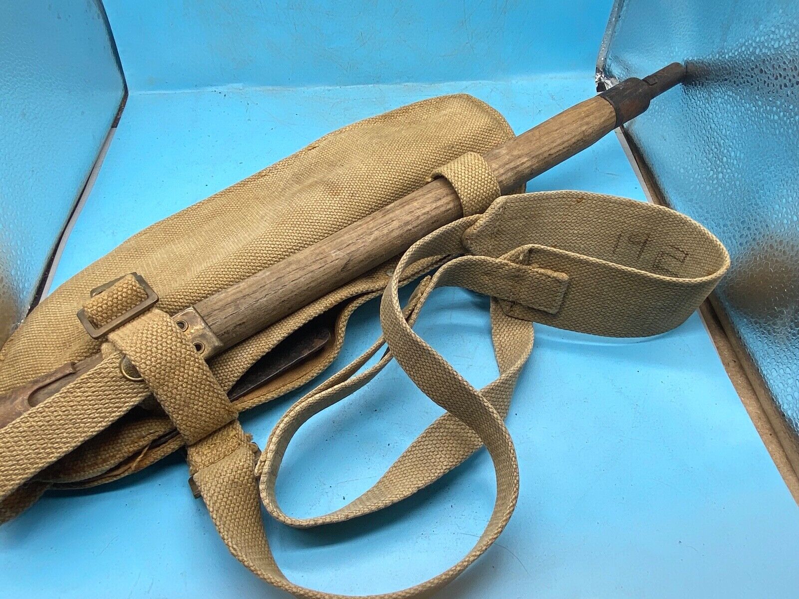 Original WW2 British Army Canvas Handle, Carrier & 1944 Dated Helve with Strap - The Militaria Shop