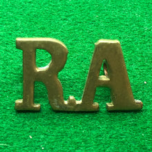 Load image into Gallery viewer, Original WW2 British Army Brass Shoulder Title - Royal Artillery - RA - The Militaria Shop