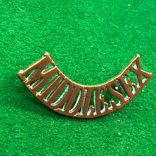 Load image into Gallery viewer, Original WW1 British Army Brass Shoulder Title - Middlesex - The Militaria Shop