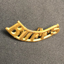 Load image into Gallery viewer, Original WW1 British Army Brass Shoulder Title - The Buffs East Kent Regiment - The Militaria Shop