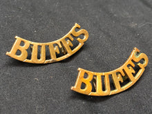 Load image into Gallery viewer, Original WW1 British Army Brass Shoulder Title Pair - Buffs East Kent Regiment - The Militaria Shop