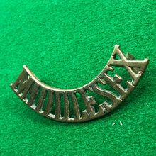 Load image into Gallery viewer, Original WW1 British Army Brass Shoulder Title - Middlesex - The Militaria Shop