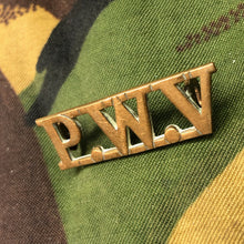 Load image into Gallery viewer, Genuine British Army WW1 Brass Shoulder Title - Prince Of Wales’ Volunteers PWV - The Militaria Shop