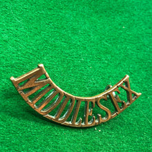 Load image into Gallery viewer, Original WW1 British Army Brass Shoulder Title - Middlesex - The Militaria Shop