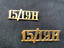 Charger l'image dans la galerie, Original WW2 British Army Brass Shoulder Title Pair - 15th 19th Hussars - The Militaria Shop