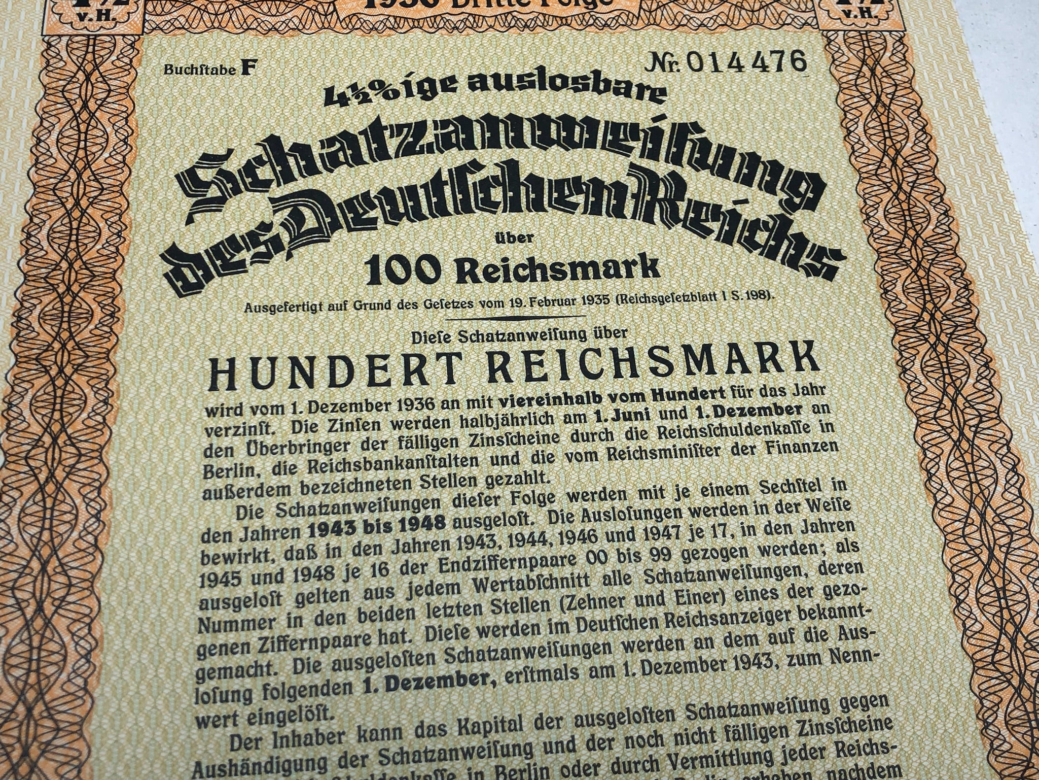 Original WW2 German Government Treasury Loan Bill 100 Reichmarks - The Militaria Shop