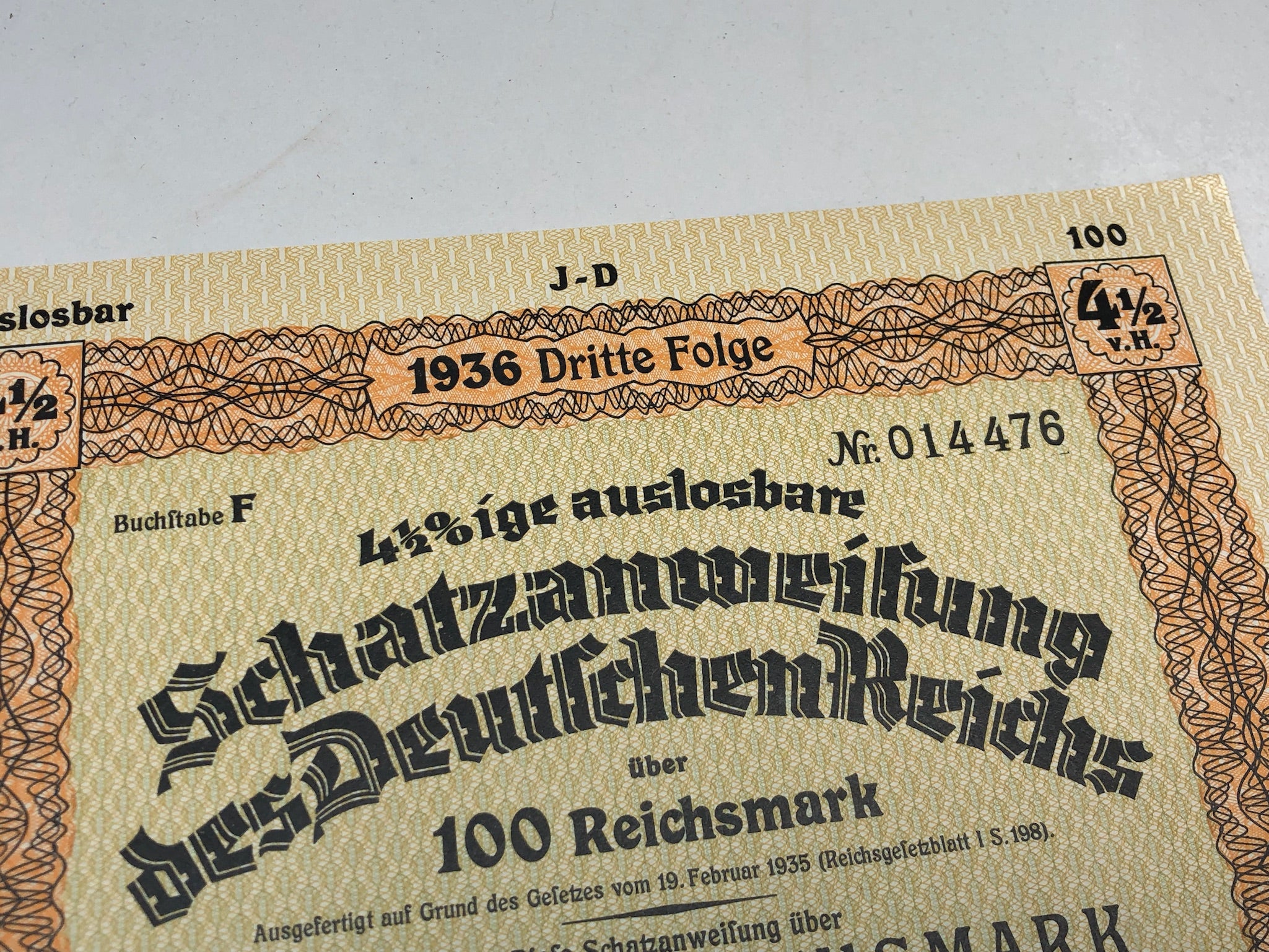 Original WW2 German Government Treasury Loan Bill 100 Reichmarks - The Militaria Shop