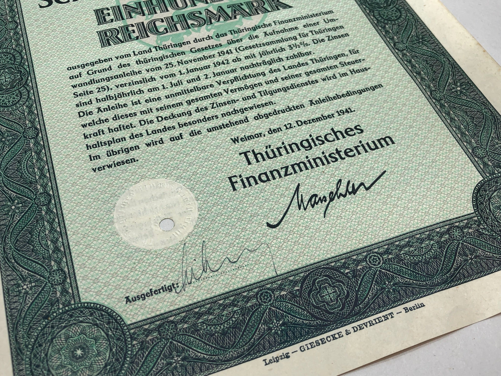 Original WW2 German Government Treasury Loan Bill 100 Reichmarks - The Militaria Shop